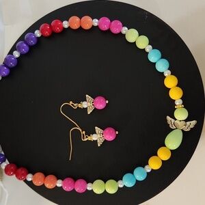 Hand Crafted Necklace and Pierced Drop Earrings Angel Wings Pearls Pink Beads